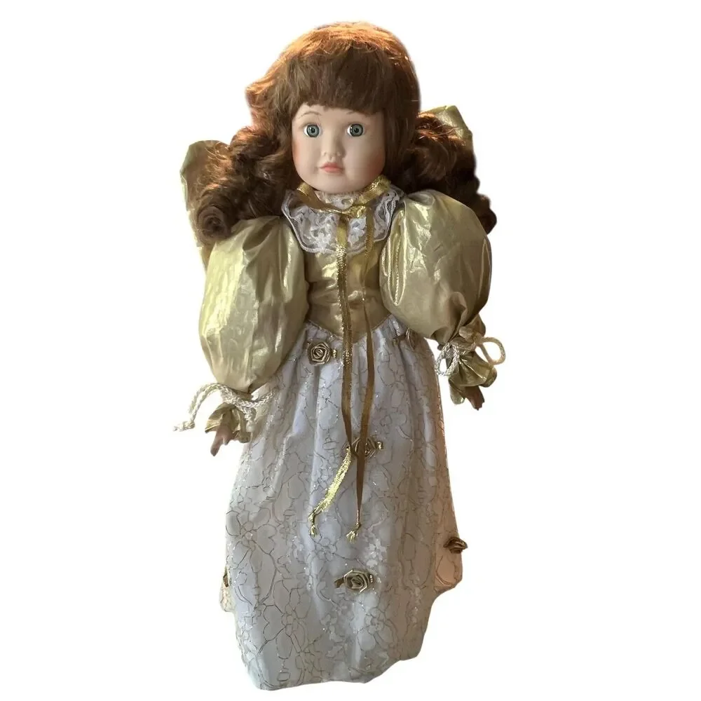 Porcelain Angel Doll Gold White Lace Dress Curly Brown Hair Decor Collectible